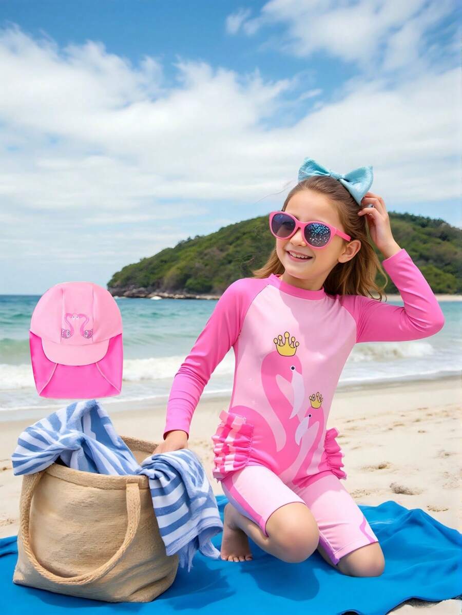 Young Girl' Flamingo Print Rash Guard One-Piece With Sunhat - Multicolor - View 1