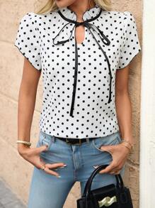 SHEIN Clasi Women's Polka Dot Print Ruffle Tie Detail Shirt - Black and White - View 3