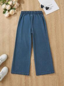 SHEIN Tween Girl Casual Boho Holiday Paperback Waist Slant Pockets Wide Legs Jeans, Daily - Dark Wash - View 2