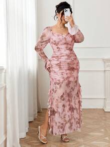 Modelyn Váy lưới xếp nếp xẻ tà gợi cảm thanh lịch dành cho nữ - Hồng - Xem 3