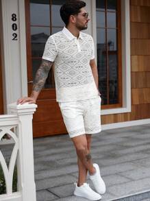 Manfinity Homme Men's Summer Hollow Out Design Polo Shirt And Shorts Set - Apricot - View 5