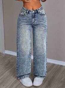 SHEIN PETITE Women's Casual Washed Loose Straight Leg Jeans ,Petite Women - Medium Wash - View 4