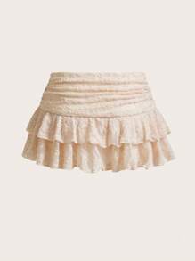 Sweetina Textured Mesh Drawstring Tiered Cascading Maxi Skirt - Apricot - View 2