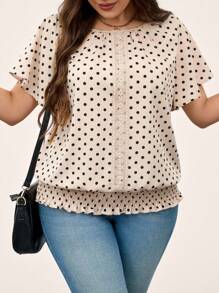 SHEIN LUNE Plus Size Women's Valentine Polka Dot Pattern Lace Trim Hem Fancy Elasticated Short-Sleeved Round Neck Pullover Blouse For Summer