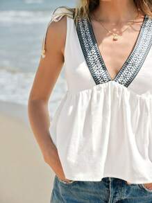 Maija 女式 V 领复古宽松褶边肩带无袖上衣，性感时尚海滩度假夏威夷休闲吊带背心 - 白色 - 查看 1