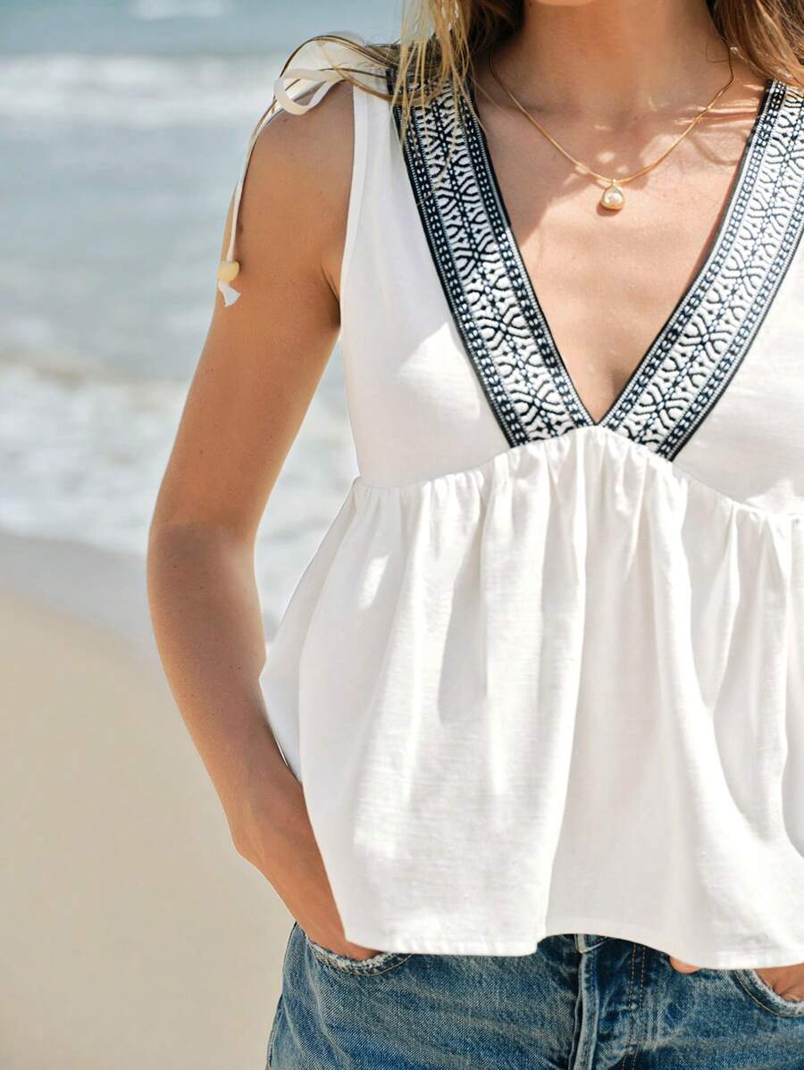 Maija 女式 V 领复古宽松褶边肩带无袖上衣，性感时尚海滩度假夏威夷休闲吊带背心 - 白色 - 查看 1