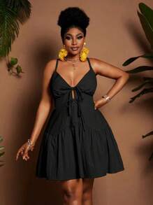 Maweii Vestido mini asimétrico de línea A con volantes, escote en V con tirantes finos, cintura con lazo, unicolor, elegante para vacaciones, tallas grandes, primavera/verano