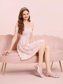 CUCCOO DOLLMOD Giày ba lê mũi vuông quai nơ cho nữ bằng vải satin, màu hồng - Hồng - Xem 5