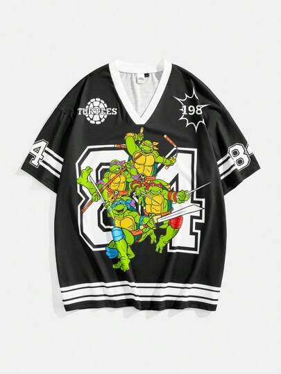 TEENAGE MUTANT NINJA TURTLES | SHEIN Men's Loose Knit Colorblock Casual Cartoon Graphic V-Neck Short Sleeve T-Shirt Sportswear