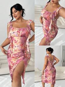 SHEIN EZwear 加大码 Ditsy 花卉粉色连衣裙，侧开衩，方领，荷叶边下摆 - 彩色 - 查看 7