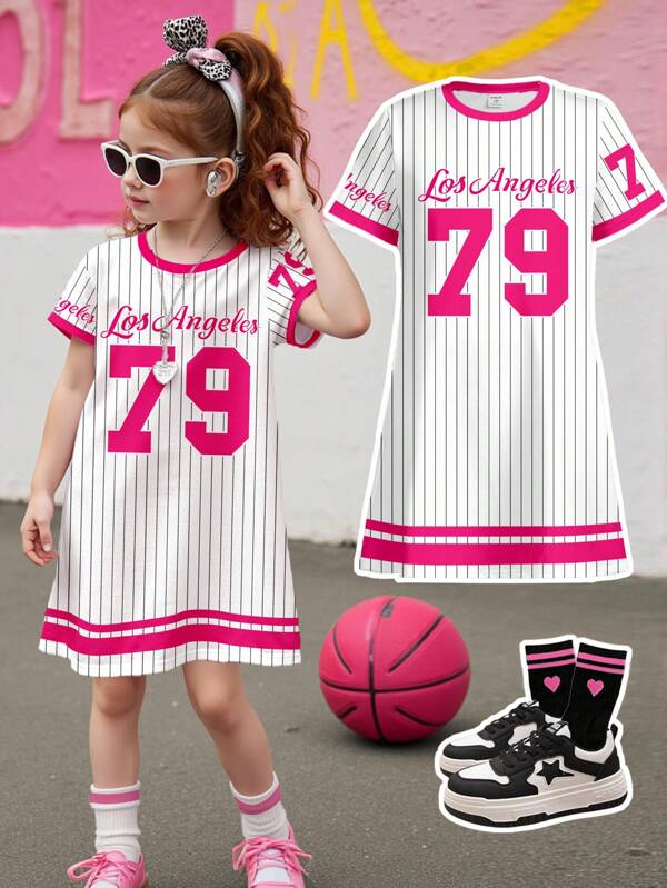 SHEIN Young Girl Pink Stripe, Jersey "Los Angeles" No.79 Print Casual Loose Short Sleeve Mid-Long Dress, Suitable For Summer