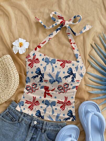 SHEIN SXY 7 月 4 日大码女式休闲蝴蝶结和褶皱挂脖背心，适合夏季夏季上衣蝴蝶结印花上衣挂脖上衣