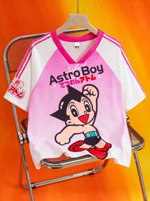 Astro Boy X SHEIN Tween Girl Gradient Pink Cartoon Graphic Pattern Contrast Tape Panel Insert Crew Neck Basketball Jersey T-Shirt - Pink - View 1