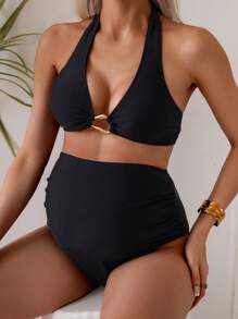 SHEIN Maternity Swimsuit Set, Halter Neck Solid Top And Triangle Bottom, Fashionable For Summer
