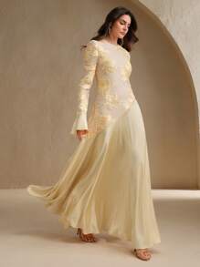 Anewsta Textured Patchwork Embroidery Round Neck Elegant Long Sleeve Dress - Yellow - View 3
