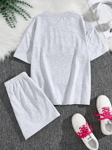 SHEIN Bộ 2 chiếc/bộ áo thun cổ tròn tay ngắn in khẩu hiệu tiếng Anh Mỹ cho bé gái tuổi teen, màu xám, phù hợp cho mùa hè, thể thao đường phố - Xám - Xem 2