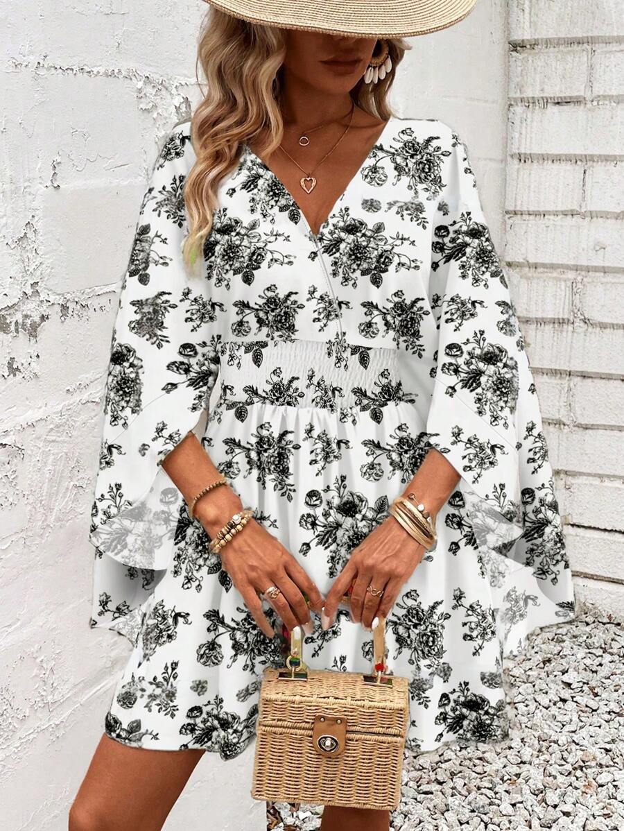 Breezaya 女式褶皱花卉印花腰带荷叶边饰带度假连衣裙 - 彩色 - 查看 1