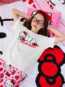 HELLO KITTY AND FRIENDS | SHEIN 少女卡通白色休闲百搭短袖上衣和粉色可爱甜美裤子两件套睡衣套装 - 粉色 - 查看 2
