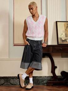 Manfinity VCAY 1 件男士 Y2K 服装趣味休闲高街复古风格粉色针织上衣返校秋季服装万圣节服装无袖毛衣粉色上衣男士粉色上衣