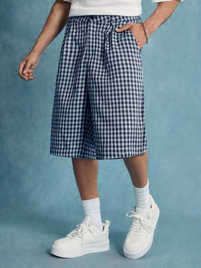Street Life Pantalones cortos casuales de bolsillo a cuadros con corte holgado para hombre