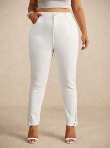 SHEIN Frenchy 大码纯白色牛仔裤，夏季时尚 - 白色 - 查看 4