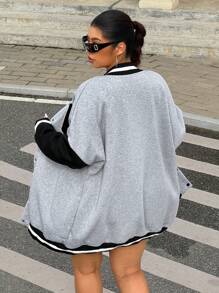 Muchica Plus Letter Patched Striped Trim Drop Shoulder Varsity Jacket Winter Fall Autumn - Light Grey - View 2