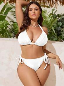 Swim Vcay Plus Size Women Ribbed Fabric White Bikini Set, Casual Vacation