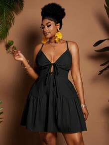 Maweii Vestido mini asimétrico de línea A con volantes, escote en V con tirantes finos, cintura con lazo, unicolor, elegante para vacaciones, tallas grandes, primavera/verano