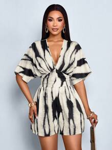 SOLERSUN Women's Floral Print Deep V-Neck Batwing Sleeve Ruched Waist Pleated Jumpsuit