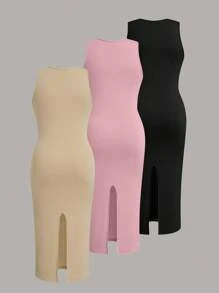 Calvaya Abito elegante e aderente da donna taglie forti, senza maniche, set da 3 pezzi con texture - Multicolore - Visualizzare 2