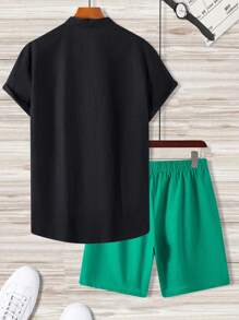 Manfinity Homme 男士夏季纯色短袖单排扣休闲衬衫短裤套装