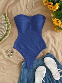 Soleia White Metal Trim Textured Fabric Bandeau Bodysuit For Beach, Vacation