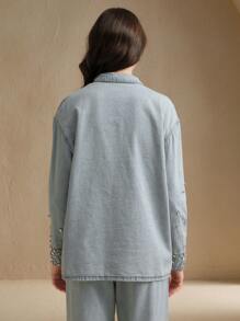 Anewsta Camisa vaquera con aplicaciones de piedras para mujeres, versátil y casual, elegante y de estilo business casual