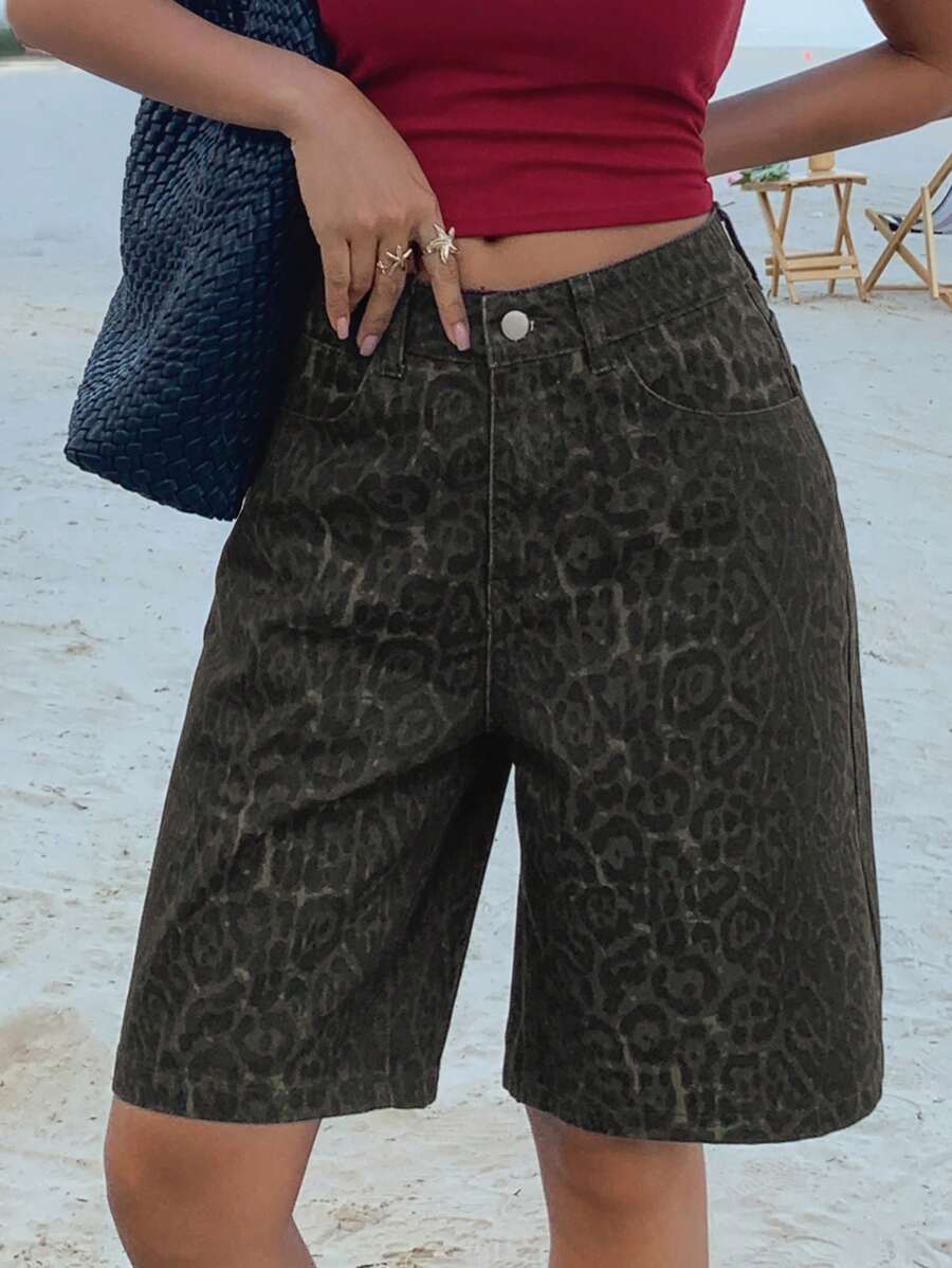 DAZY Women's Summer Leopard Print Ribbed Denim Capri Shorts Denim Shorts - Brown - View 1