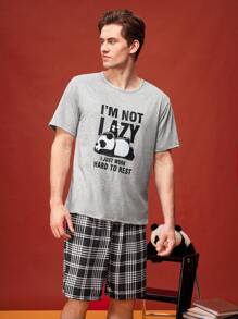Juego de pijama cómodo y casual de camiseta y pantalones cortos con estampado divertido de comida rápida estadounidense y patrones de dibujos animados divertidos para hombres