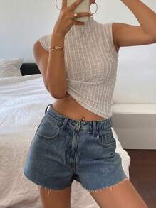 DAZY Women's Plain Pocket Frayed Hem Casual Denim Shorts Y2k - Dark Wash - View 3