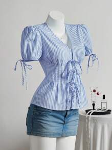 Elamini 女士夏季休闲通勤条纹纽扣衬衫 - 藍色 - 查看 3