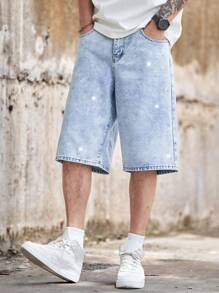 Manfinity Homme 男士宽松带口袋休闲阔腿牛仔百慕大短裤 - 淺色水洗藍 - 查看 7