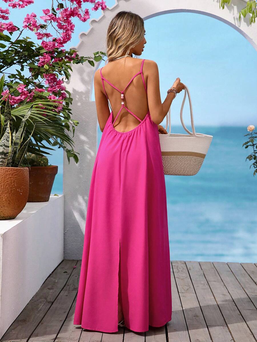 Vivid Eden Váy vải họa tiết thường ngày hở lưng cổ chữ V dành cho nữ đi nghỉ, đi chơi - Màu Hồng Tươi - Xem 1