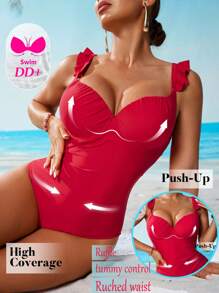 Voyashape 1pc Women's Summer Sexy Wire-Rimmed Gathering Solid Color Ruched Strap Wrinkled Chest Slimming One-Piece Swimsuit Red - Red - View 7