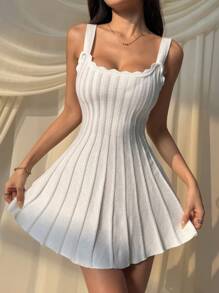 SHEIN EZwear Stickad klänning i enfärgad färg för kvinnor, trendigt sommarkläder - Vitt - Visa 3