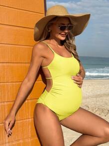 SHEIN Maternity Ribbed Backless Elegant One Piece For Summer Beach Vacation - Yellow - View 1