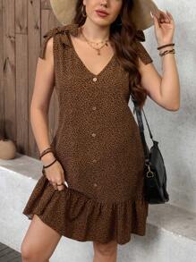 SHEIN LUNE Plus Size Summer Ruffle Hem Brown V-Neck Sleeveless Bow Decor Dresses Sundress, Vacation Style - Multicolor - View 1