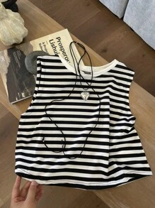 SHEIN EZwear Striped Crop Tank Top - Black and White - View 7