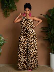 Maweii Plus Size Women Leopard Print Sleeveless Wide Leg Jumpsuit