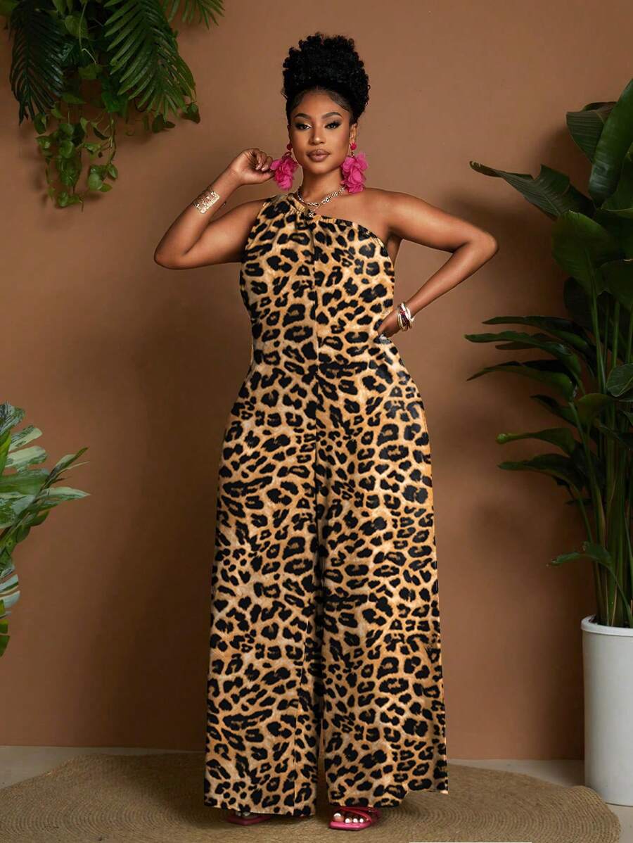 Maweii Plus Size Women Leopard Print Sleeveless Wide Leg Jumpsuit
