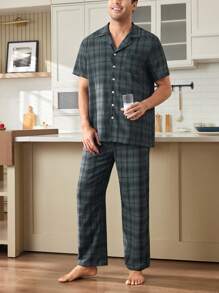 SHEIN 格子印花翻领短袖上衣和裤子睡衣套装男士，适合男友礼物