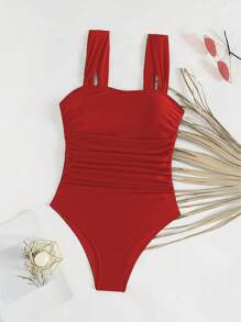 Swim Basics Women Solid Color Ruched Strap Simple One-Piece Swimsuit, Festival Boho For Summer Beach Vacation