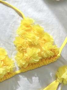 Swim Mod Solid Color Patch Halter Knotted Bikini Swimsuit For Summer Beach Vacation - Yellow - View 5