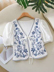 CosyJoli Plus Size Casual Embroidered Puff Sleeve Tie-Front Top,Slightly Sheer - Blue and White - View 4